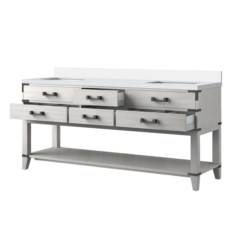 Meuble-lavabo double en chêne blanc 72 po X P 22 po D, avec plateau en marbre de culture, Chêne blanc, 72"