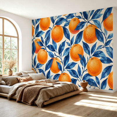 Wall Mural Peel and Stick Wallpaper Tropical seamless oranges Fruit repeated bright print for fabric Self-Adhesive Removable Contact Paper Wall Decor for Living Room Bedroom 69"H x 96"W