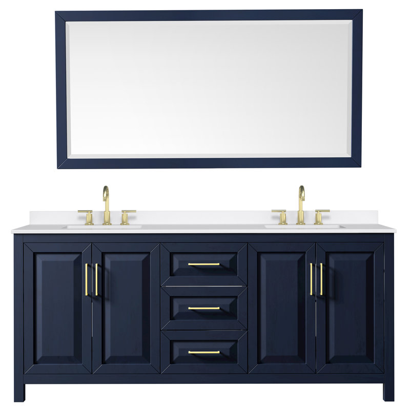 Daria 80 in. with Mirror Vanity, White Quartz, Blue, Brushed Gold