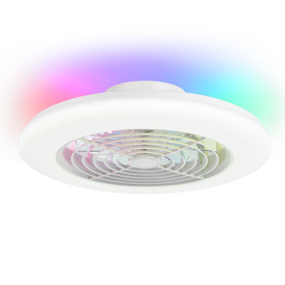 Axston 19" White Low Profile Caged Ceiling Fan with Remote Control and Dimmable RGB LED Lights