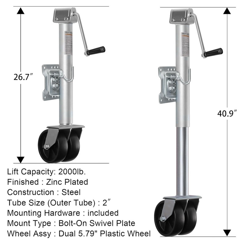 Cric de remorque de 2000 lb avec deux roues