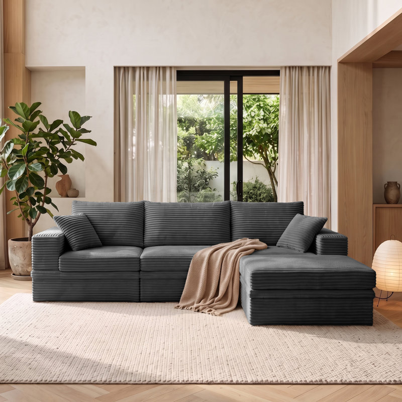 Canapé de coin modulaire 3 places en velours côtelé, 107 pouces, avec rangement et pouf., Dark Grey