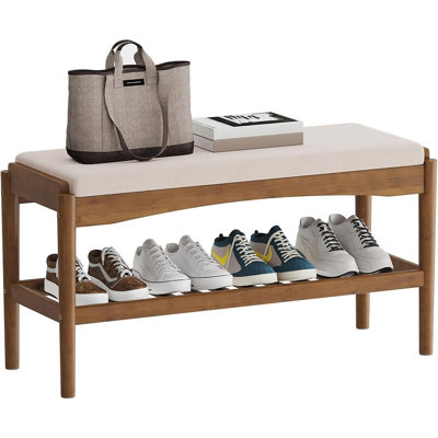 Banc à chaussures en bambou pour entrée, étagère à chaussures à 2 niveaux avec assise rembourrée, banc de rangement pour chaussures pour entrée, couloir, salon, chambre et garde-robe, brun beige