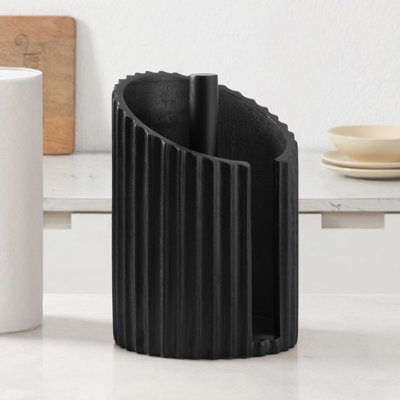 Wooden Paper Towel Holder with Fluted Design for Kitchen and Table Decor, Anti Skid Base, Eco Friendly Mango Wood & Metal Rod - Black / Black