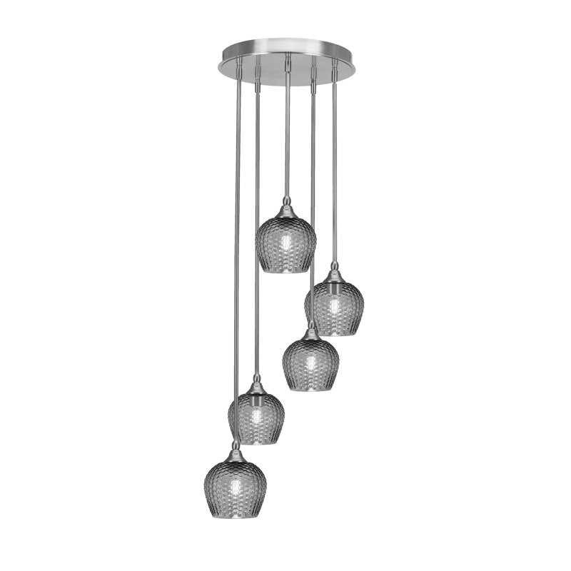 Luminaire suspendu suspendu à 5 lumières avec verre texturé 6 po Colaine Empire, Nickel brossé, Fumée, Noir / transparent