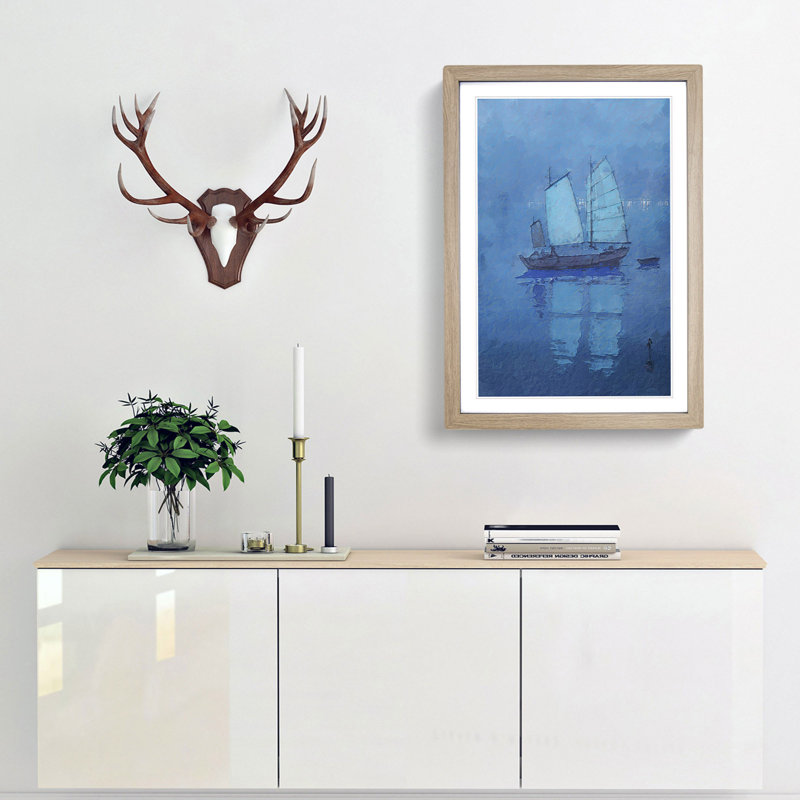 Sailing Boats at Night by Hiroshi Yoshida - Picture Frame Painting Print, Oak Framed, 48cm H x 36cm W x 2cm D