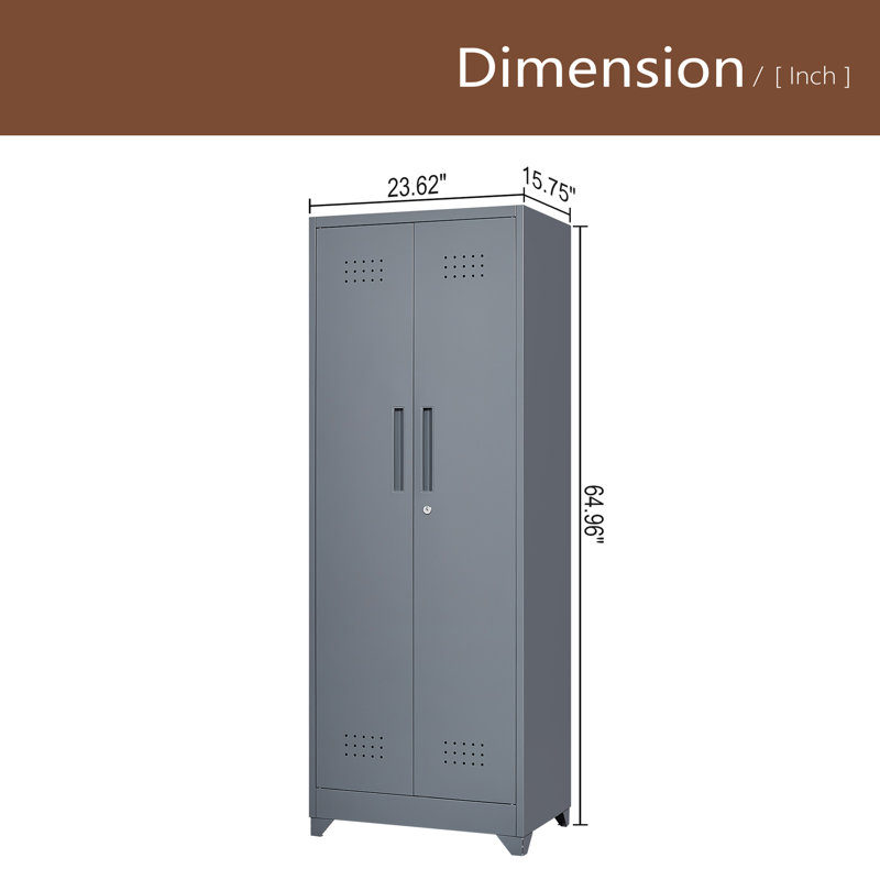 Broom Storage Cabinet With Locking Doors And Shelves, 65" H Metal Storage Cabinet With Hanging Rod & S-Hooks, Cleaning Tool Storage Cabinet