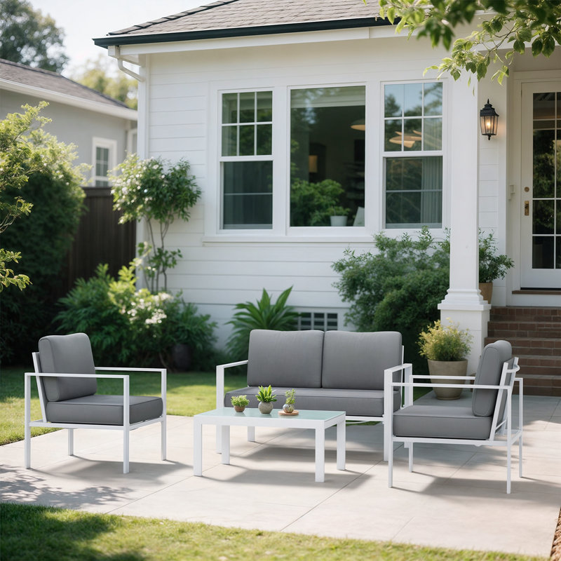 Ensemble de conversation d'extérieur avec chaises, causeuse, table et coussins Trivette, Gris
