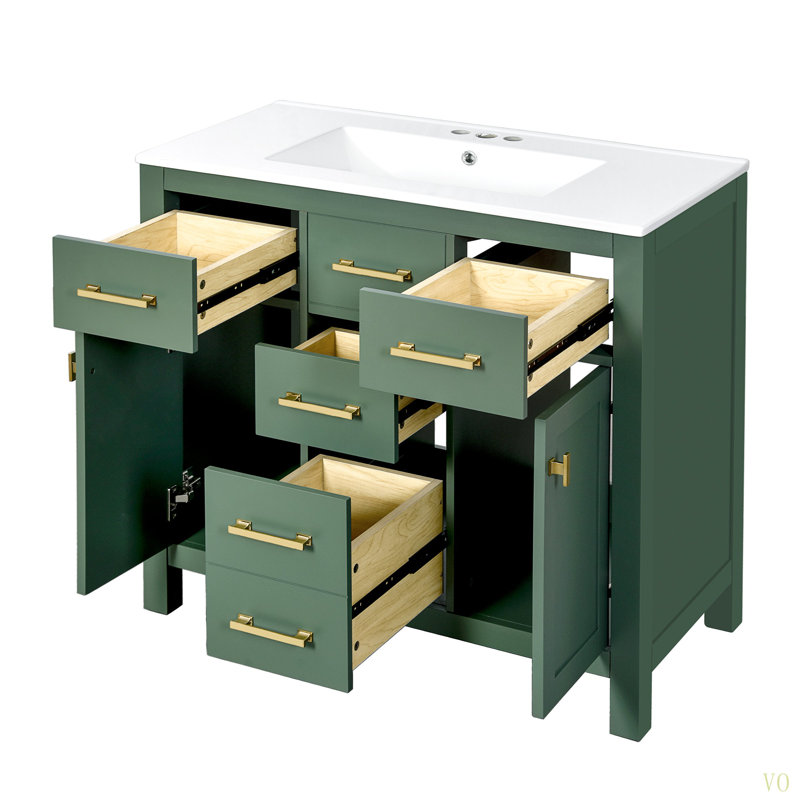 Ensemble de meuble-lavabo 36 po avec lavabo en céramique, meuble-lavabo simple autoportant moderne avec 4 tiroirs et 2 armoires, meuble de rangement pour la salle de bain, ensemble de meuble-lavabo avec cadre en bois massif
