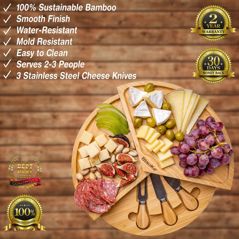 Bamboo Cheese Board and Cheese Tool Set - 37cm Round Charcuterie Board with Slide-Out Drawer - Wooden Cheese Board Gift Set