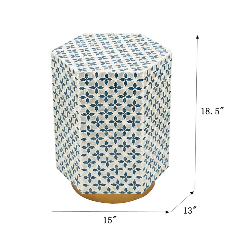15x13x18.5" Hexagonal Accent Table with Blue Capiz Design and Gold Base
