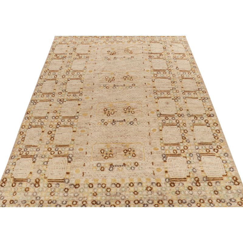 Scandinavian Rug In Beige-Brown, Gold Geometric Pattern By Rug & Kilim, Rectangle 10' x 14'