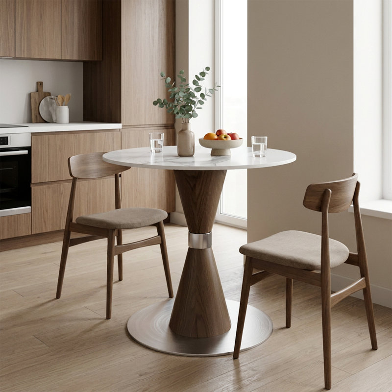 Table de bistro ronde de 79 cm (31 po) pour 2 à 4 personnes, avec piètement en métal texturé pierre frittée et bois, idéale pour un coin repas ou une cuisine.