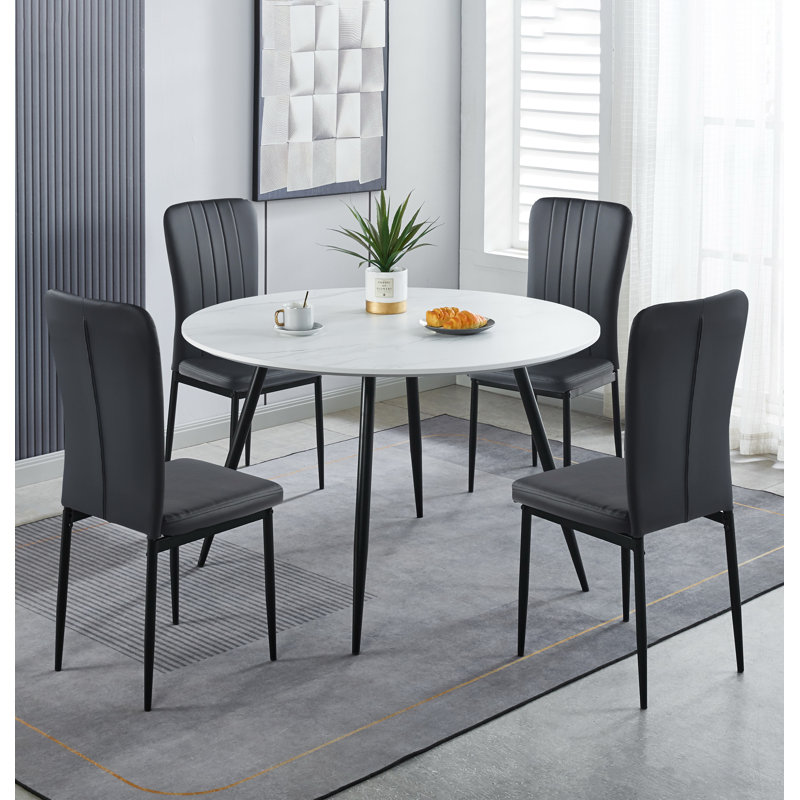 Cullompton Large Round Dining Table 120Cm, Effect Top, With 4 Black Faux Leather High Back Chairs, White