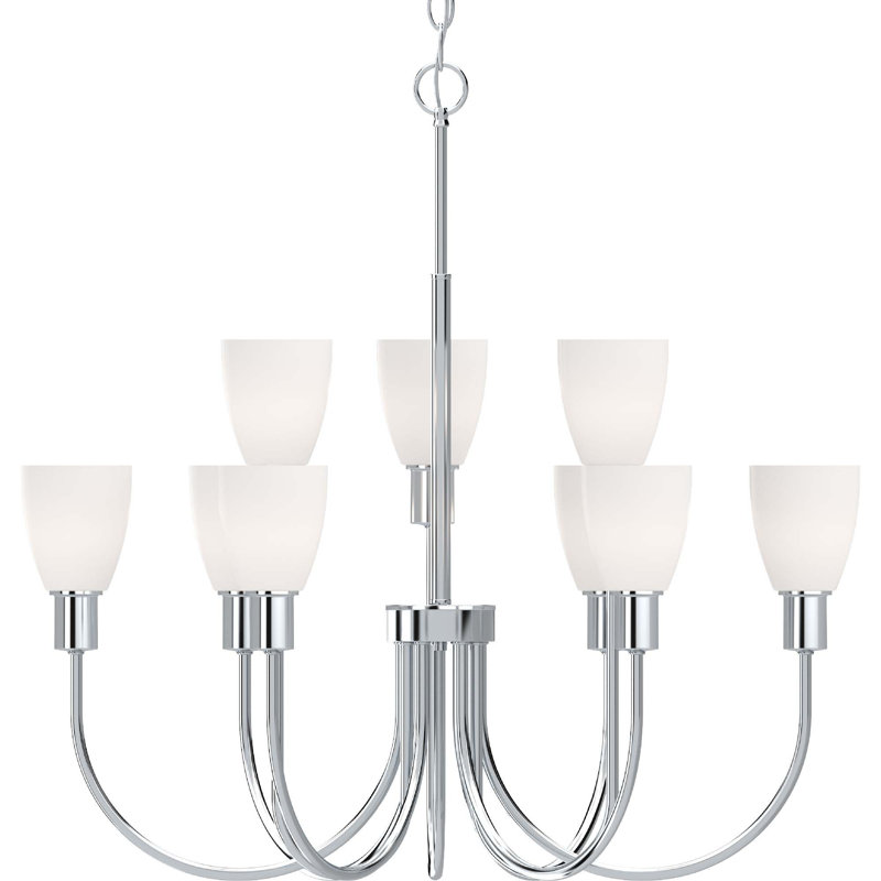 Lustre traditionnel d'intérieur en nickel poli à 9 lumières avec abat-jour en verre givré Concord