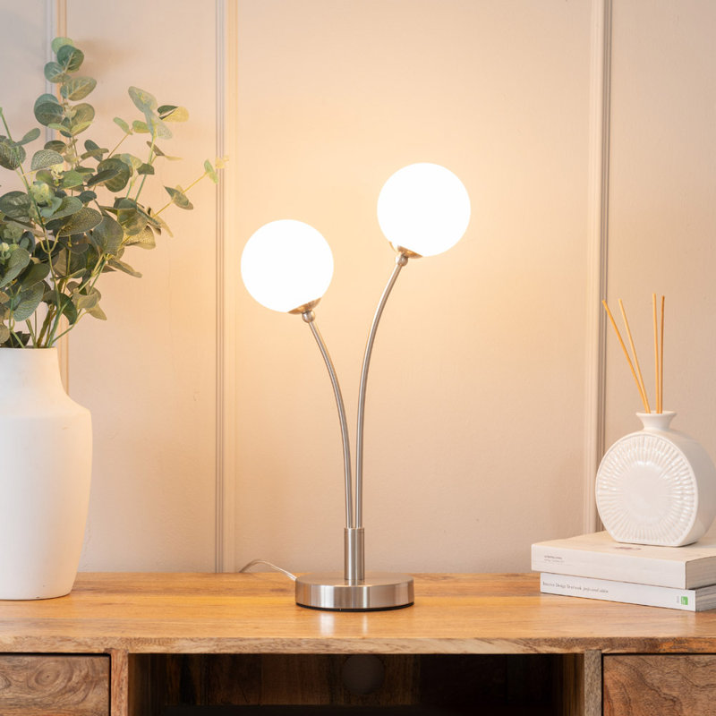 Velika 2 Arm Opaque Globe Table Lamp Light with LED Bulbs, Silver