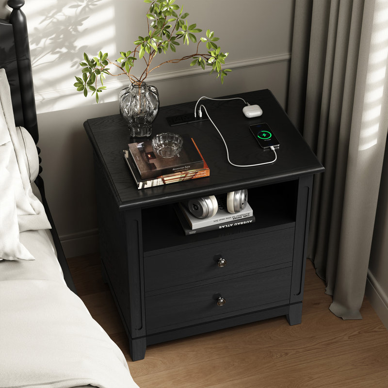  2 Drawers Solid Wood Construction Nightstand With Storage and Open Shelf, Built-In 2 Power Outlets, 1 USB Port, And 1 Type C Port