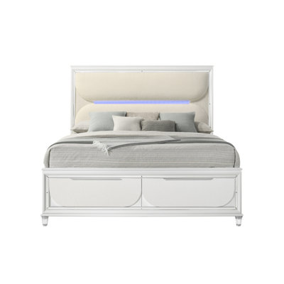 Grand lit blanc à boucles et perle Tarian avec DEL et rangement