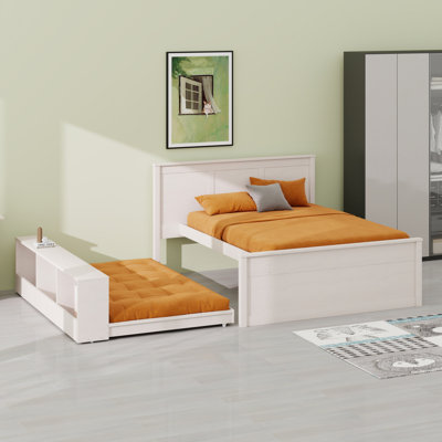 Space Saving Wood Platform Bed with Pull Out Trundle and Storage