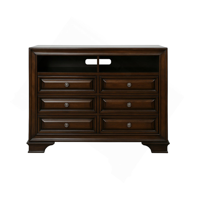 Commode média 6 tiroirs avec espace de rangement ouvert, cerisier brun