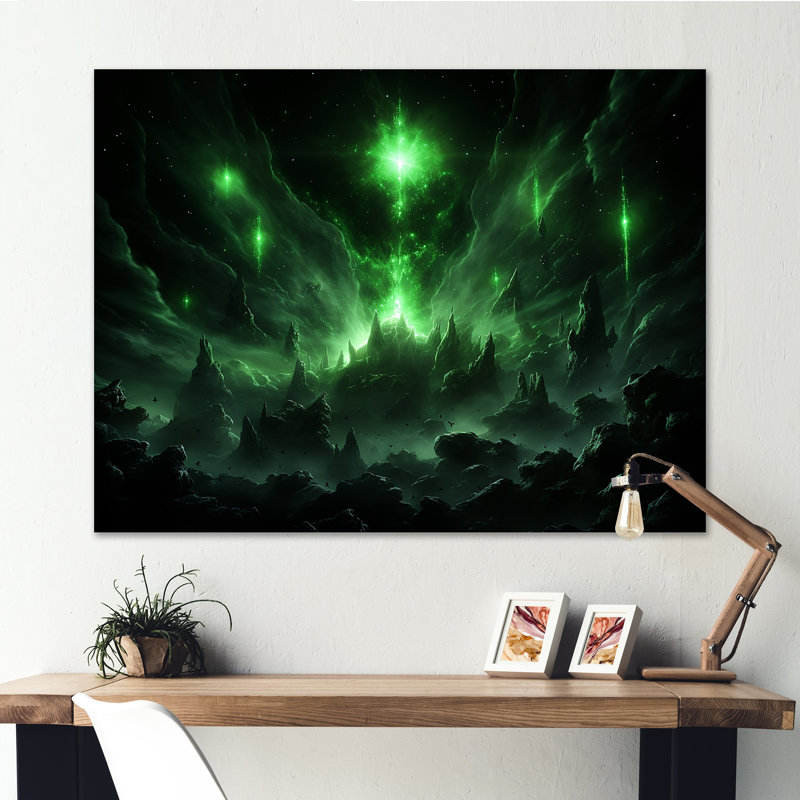 Vert et blanc Cosmos Explosion III - Espace planète, art mural, Toile tendue, H 24 po x l 32 po x P 1 po