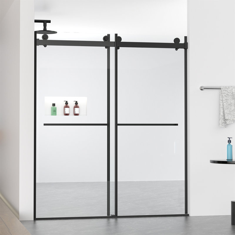 Porte de douche coulissante double sans cadre de 56 à 60 po x H 70 po, verre trempé clair de 5/16 po (8 mm) de large épaisseur avec couche de finition facile à nettoyer et fini nickel avec tampon