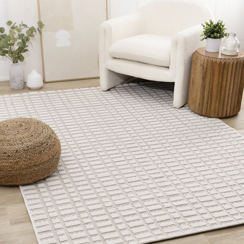 Tapis crème texturé neutre à carreaux bouclés Elijas, Rectangle 5 pi 3 po x 7 pi 7 po