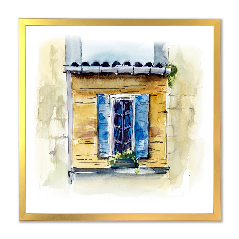 Fenêtre bleue dans une maison rustique - Peinture sur toile, H 36 po x l 36 po x P 1 po, Encadrement doré