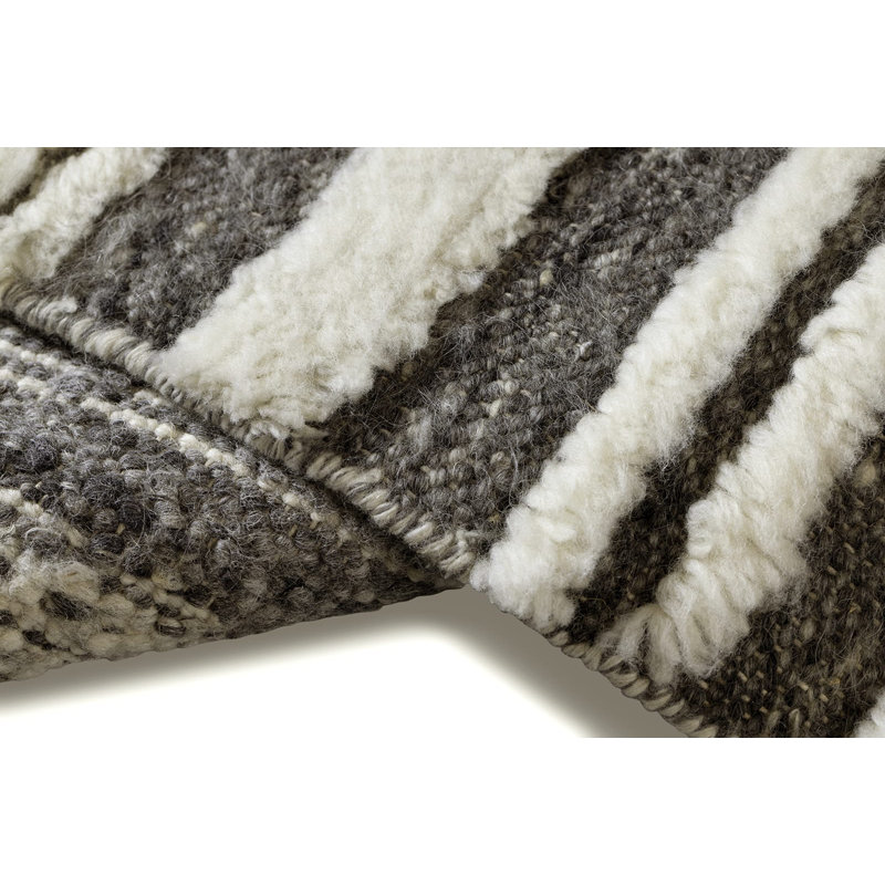 Bevel Hand Knotted Wool Striped Area Rug in Gray/White/Neutral, Rectangle 8' x 10'