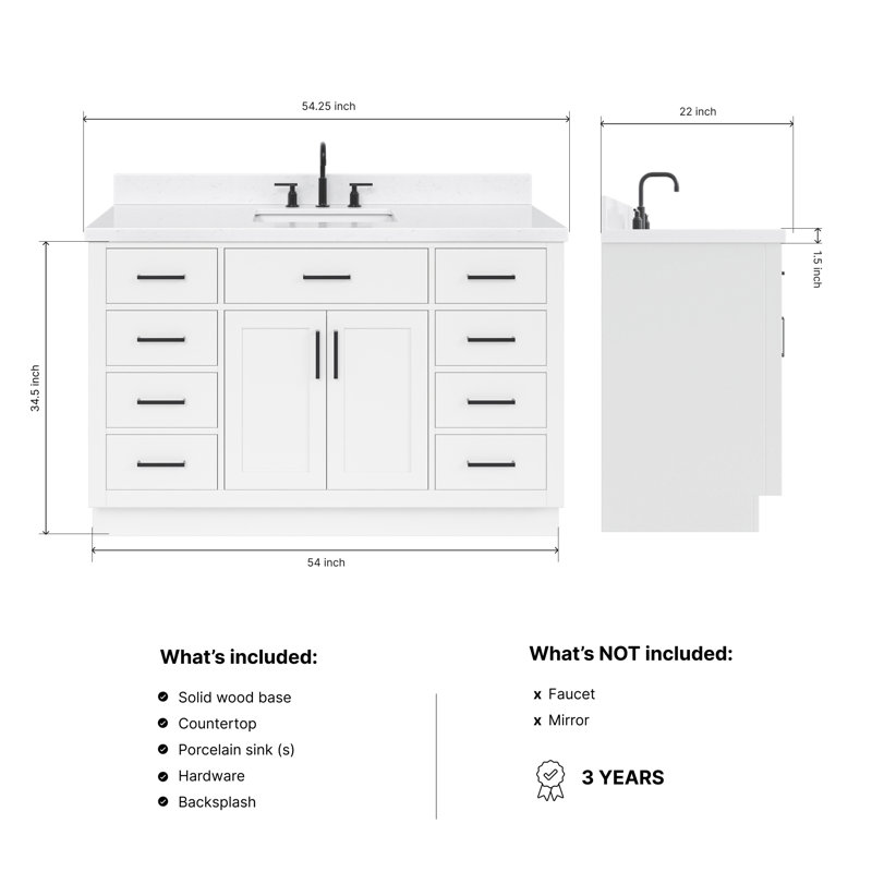 Tidworth 54'' Solid Wood Single Bathroom Vanity with 1.5'' Carrara Quartz Top Sink, White / Matte Black, Rectangular