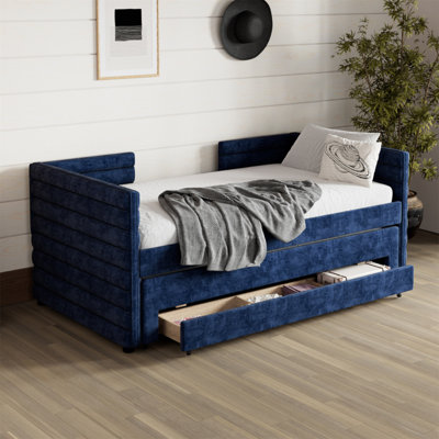 Lit de jour simple rembourré avec lit gigogne et 3 tiroirs de rangement, canapé-lit en tissu de chenille pour chambre d'amis, salon, cadre de lit de jour moderne peu encombrant, aucun sommier nécessaire, bleu foncé