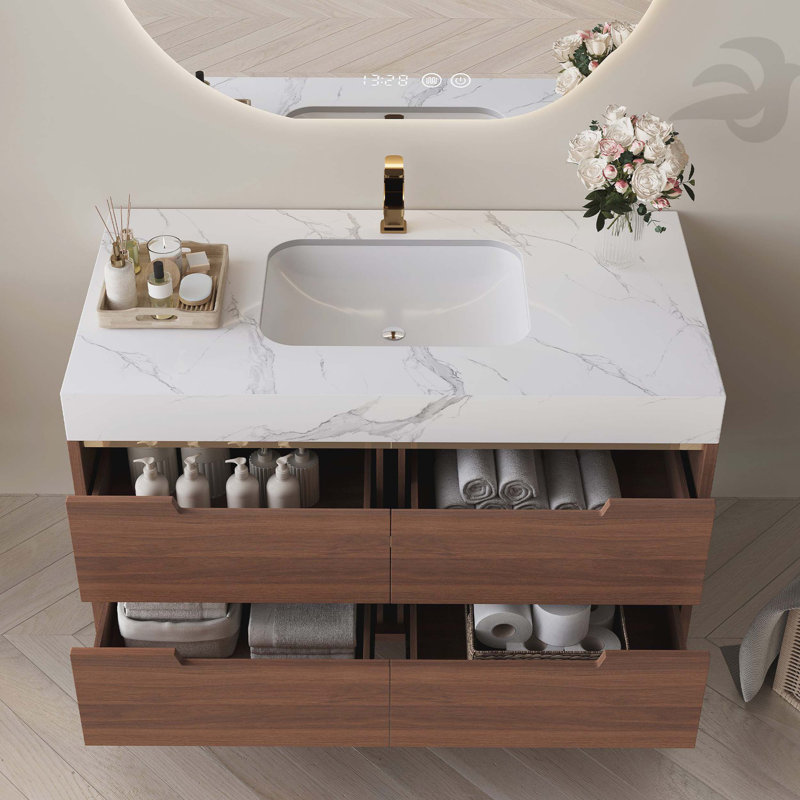 Meuble-lavabo autoportant en pierre frittée de 35,4 po avec lavabo encastré en bois massif multicouche, rangement 4 tiroirs, fixation murale
