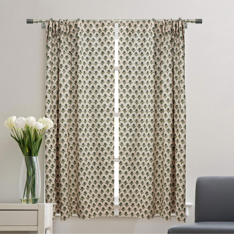 Rideau en lin vert à motif floral imprimé à la main à motif de blocs d'anneaux décoratifs Gendapushp, L 54 po x L 84 po