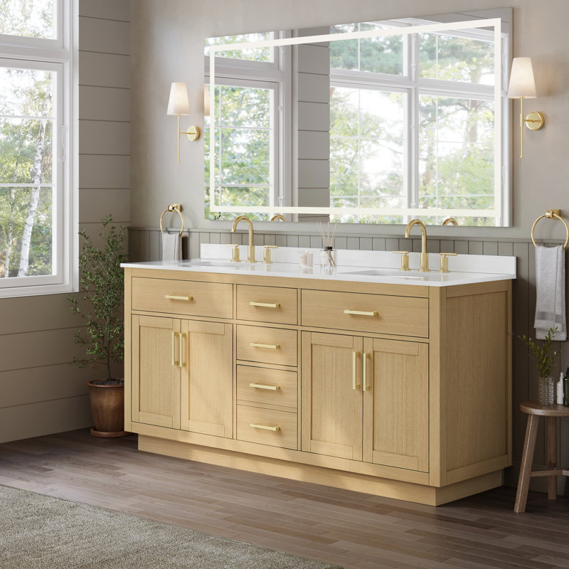 Meuble-lavabo double 72 po Beckett, Chêne gouffre, Nickel brossé, Marbre de culture de Carrare