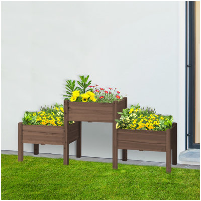 Lit de jardin surélevé avec 3 jardinières Outsunny, support de plante en bois surélevé avec trous de drainage, pour légumes, herbes et fleurs, café