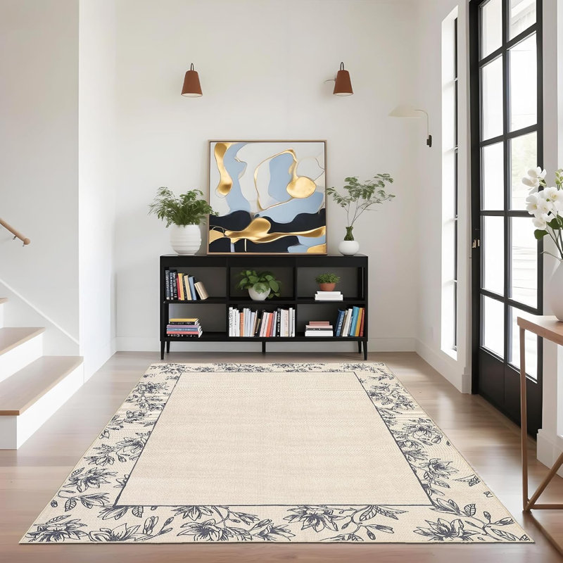 Tapis de couloir lavable à bordure moderne, tapis à motif floral abstrait antidérapant pour cuisine, buanderie, vestibule, lin