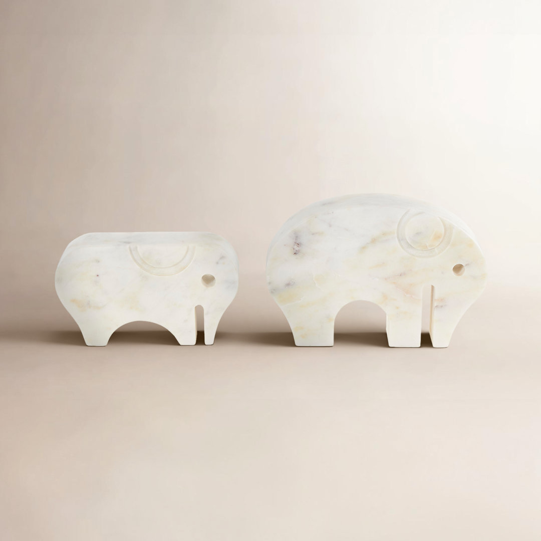 Rumy Marble Rounded Abstract Elephant Decorative White Sculpture with Gray Marble Veins and Cutouts Set Birch Lane™
