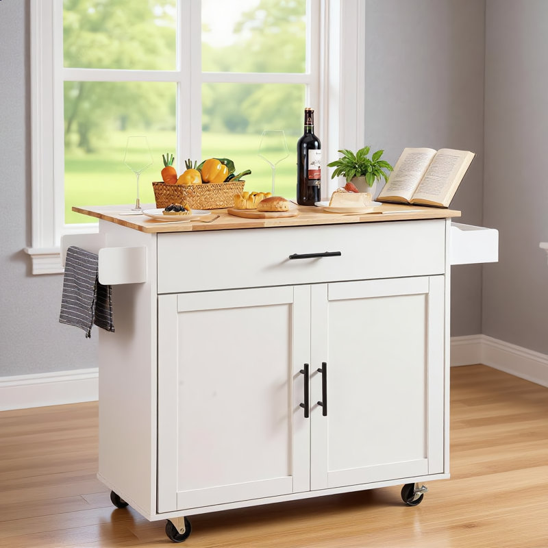 Table pour îlot en bois massif blanc avec roulettes et porte-épices