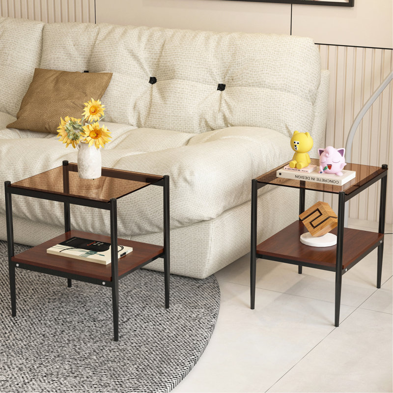 Ensemble de 2 tables de bout rectangulaires, plateau en verre trempé avec panneau de fibres à densité moyenne, table moderne pour le salon, verre brun