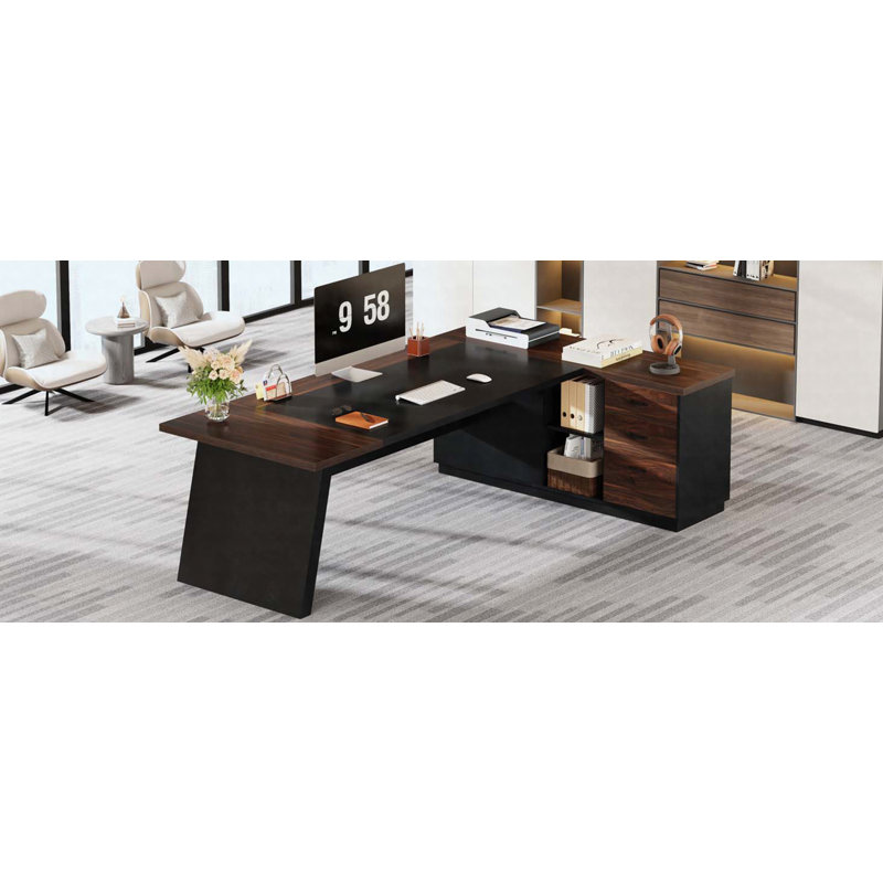 Bureau de direction en L 78,7 po avec classeur, tiroirs et tablettes, poste de travail moderne