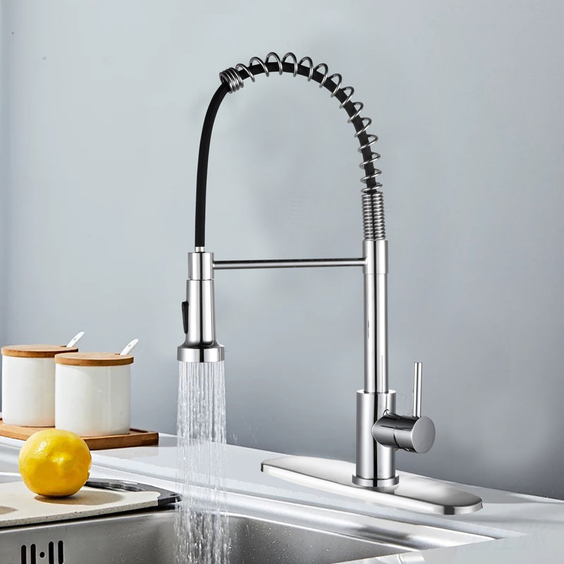 Robinet de cuisine de style industriel avec douchette rétractable, poignée simple, installation à 1 ou 3 trous, acier inoxydable, finition chromée