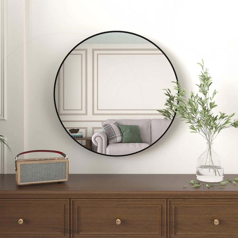 Large Round Bathroom Mirror With HD Glass And Shatterproof Film For Modern Contemporary Rooms Easy To Install, Black, Round