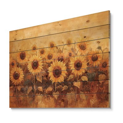Tournesols Brown Harvest Glow II - décoration murale en bois de tournesols - sur bois de pin naturel