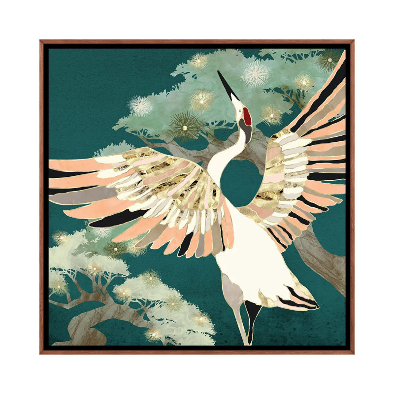 Golden Crane - impression d'art graphique, Aucun mat, H 26 po x l 26 po x P 1,5 po, Toile avec cadre en bois brun classique