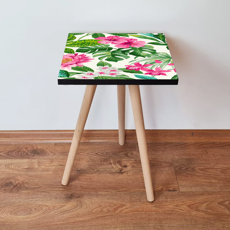 Modern Side Table with Beech Wood Legs, Pink & Green Floral Design, 13.8 x 16.5 x 13.8 inches | 100% MDF with 0.71-inch Thickness | Perfect for Living Room or Bedroom, Stylish & Functional Decor Accent
