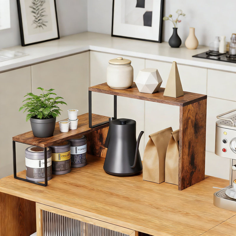 Tablette de rangement de comptoir empilable, étagère à épices en bois rustique et organisateur d'armoire pour la cuisine, le garde-manger, la station de café, la solution de rangement peu encombrante