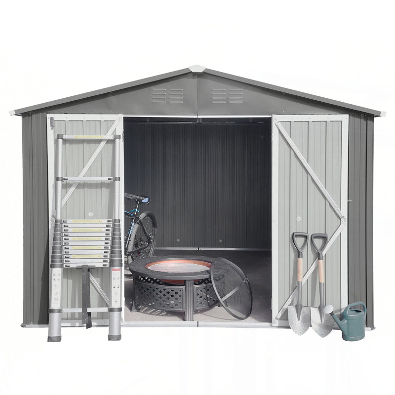 Abri de jardin en métal 12 pi x 10 pi entreposage extérieur blanc et gris, H 79,9 po x l 112,5 po x P 142,5 po, Blanc / Gris