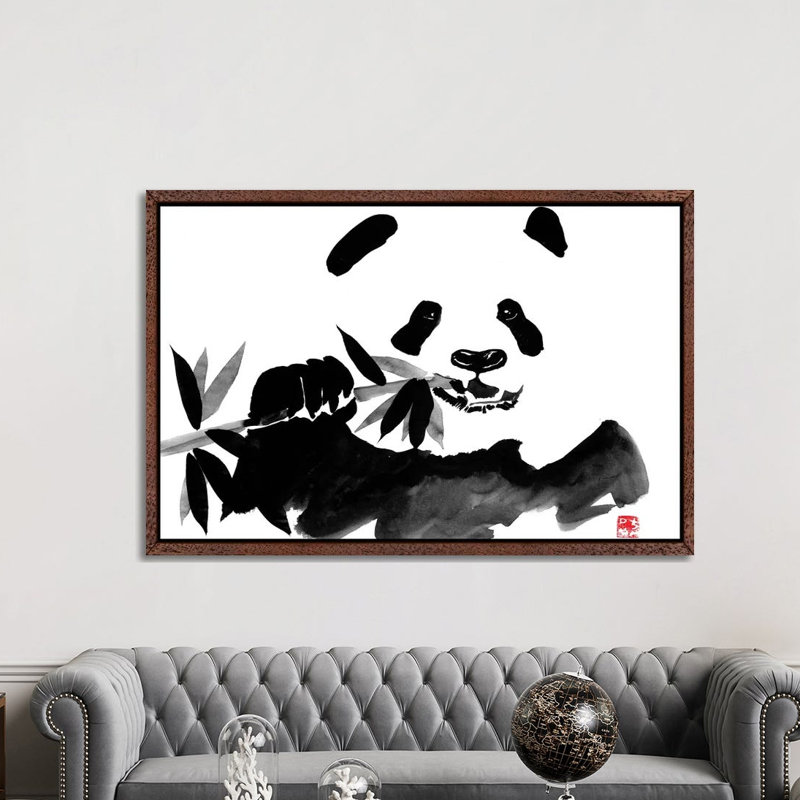 Eating Panda by Péchane - Print on Canvas, 152.5 cm H x 101.5 cm W, Classic Brown Wood Framed