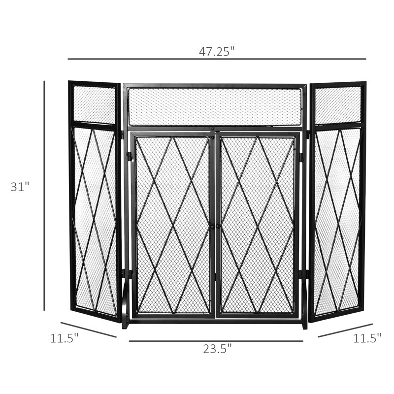 Pare-étincelles pliable à 3 panneaux, 47,3 po x 31 po, acier noir avec portes doubles, pare-étincelles pour la combustion du bois, empêche les étincelles d'atteindre les abords, écran facile à ranger à charnières robustes
