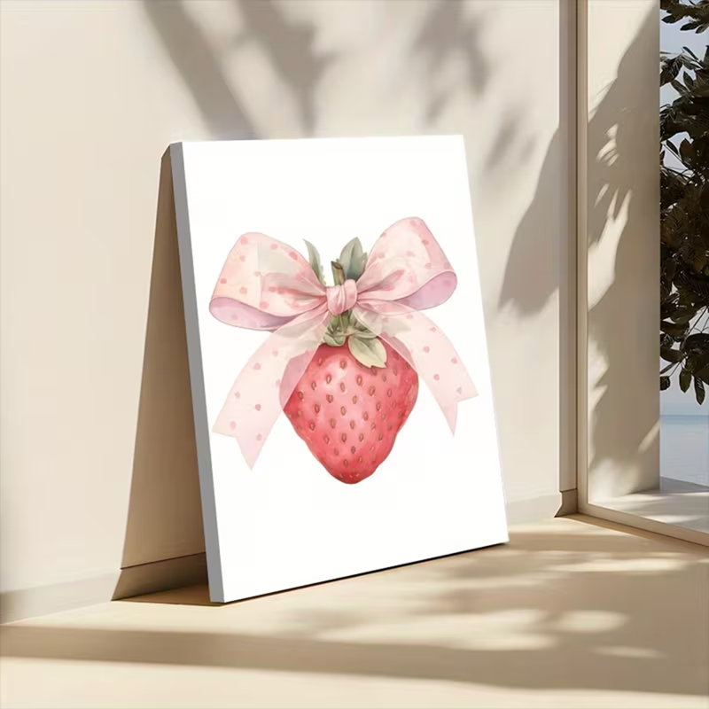 30*20,1pc Framed Pink Strawberry Wall Art with Coquette Bow - Textured Canvas Painting, Pink & Red Strawberry Fruit Decor, Wood Frame & Wrapped Canvas for.